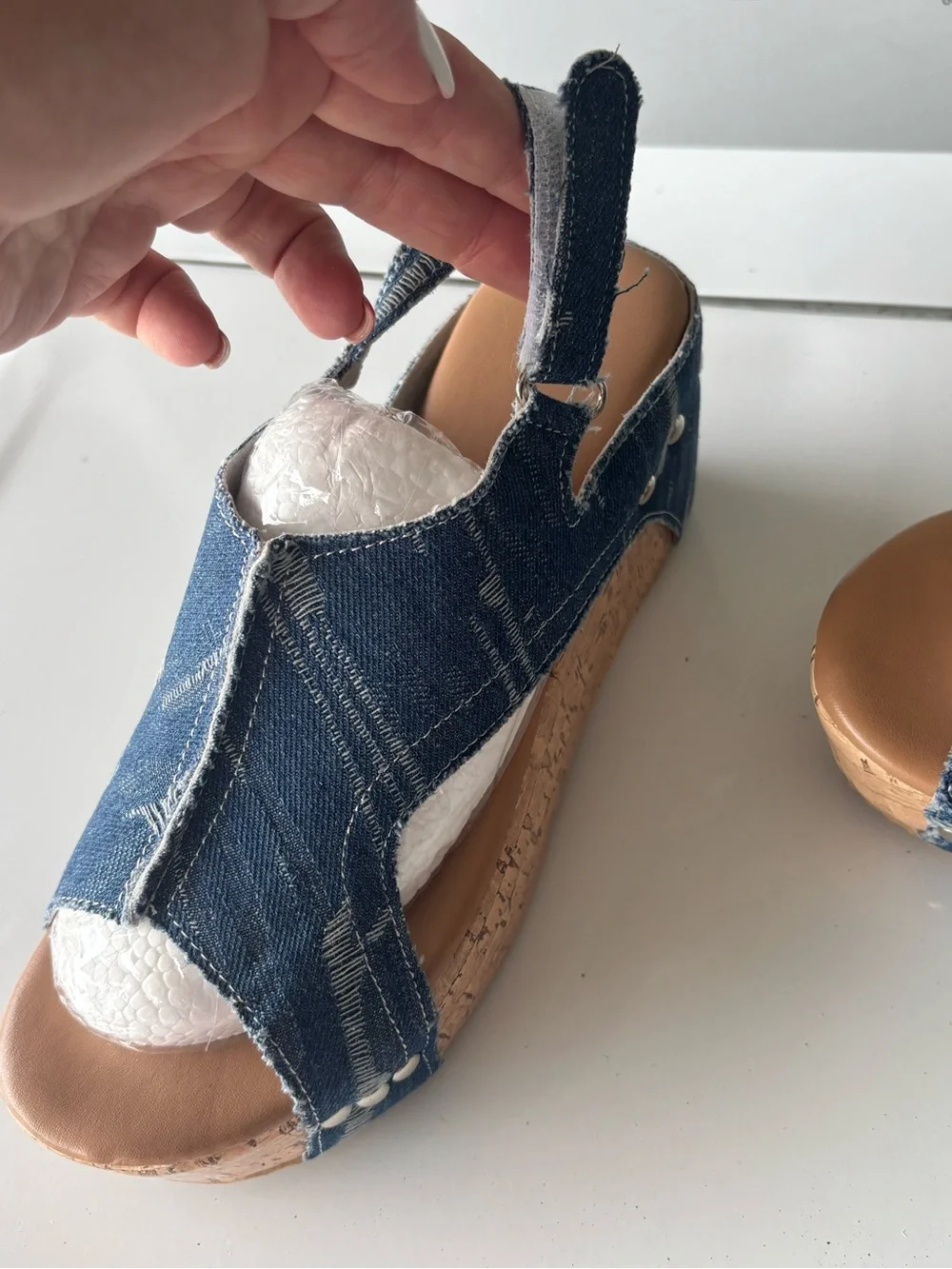 Denim Cork Platform Wedge Sandals - Blue Denim